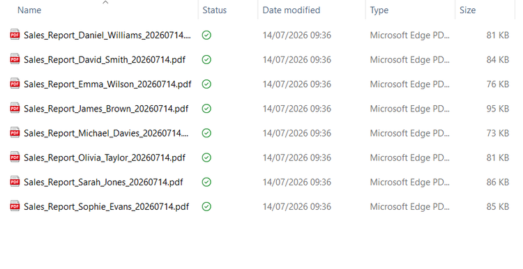 A Windows 11 folder containing various automated PDF reports.