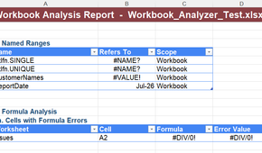 A workbook analysis report in Excel is unable to identify the 'refers to' element of various named ranges.