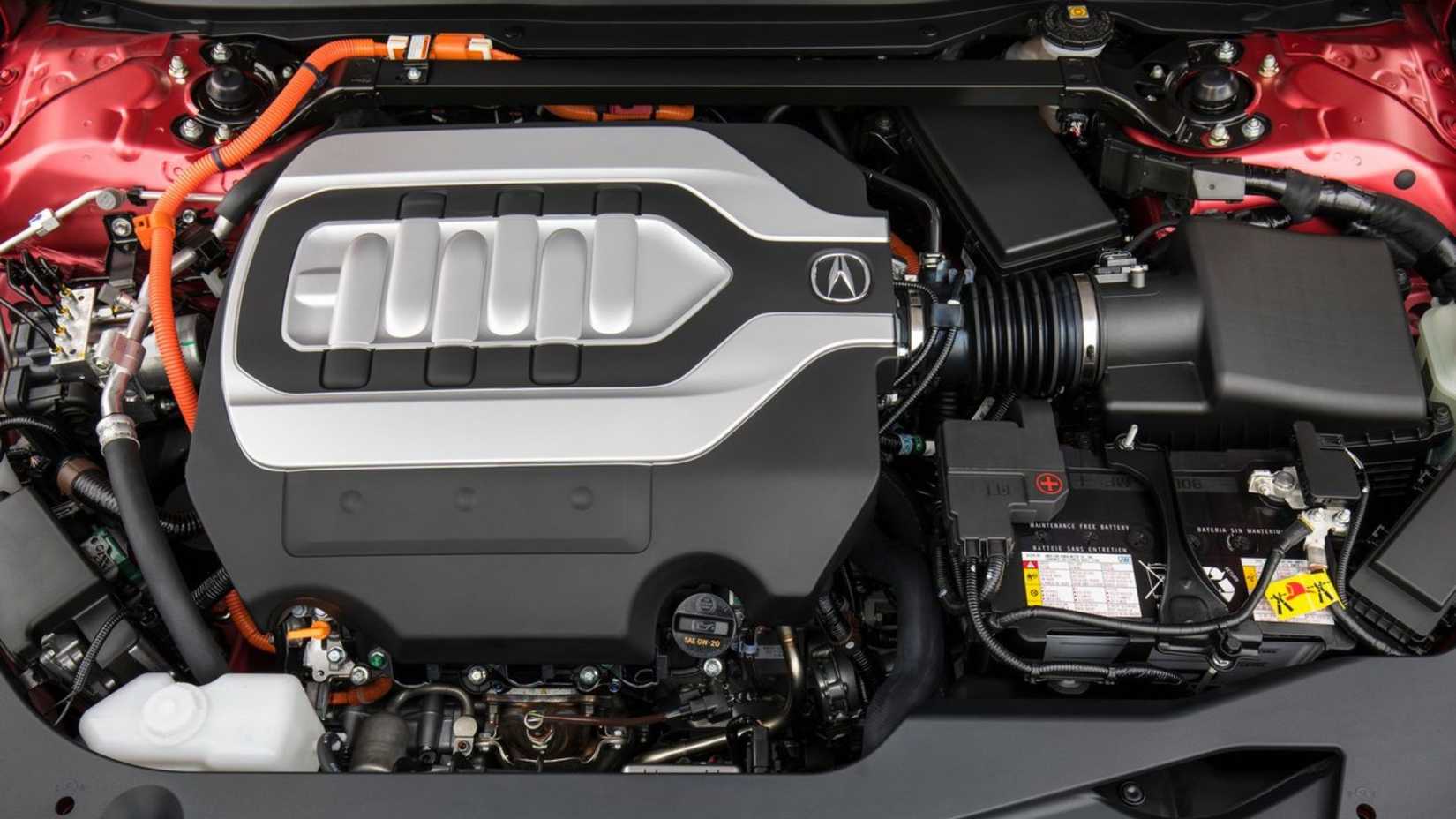 Shot of the engine under the hood of a 2018 Acura RLX Sport Hybrid.