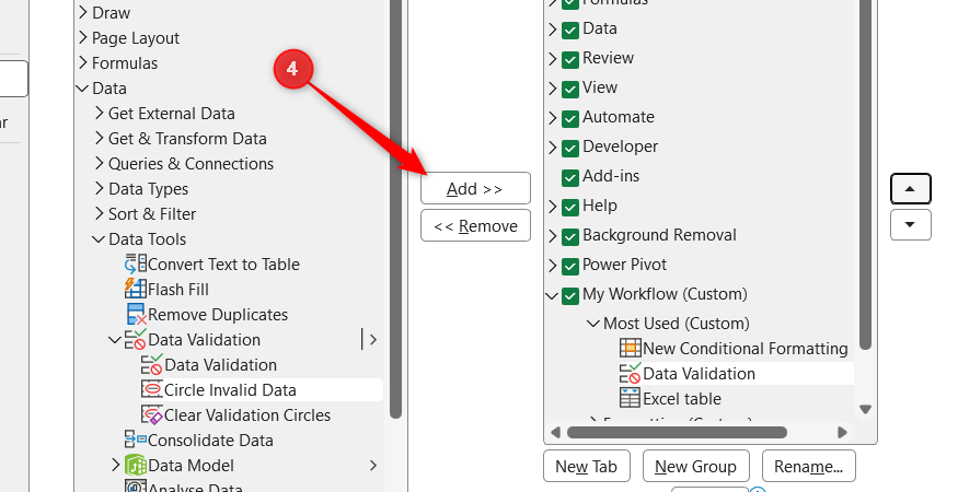 Add is selected in Excel's Excel Options dialog to move a tool to a custom tab.