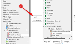 Add is selected in Excel's Excel Options dialog to move a tool to a custom tab.