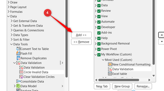 Add is selected in Excel's Excel Options dialog to move a tool to a custom tab.
