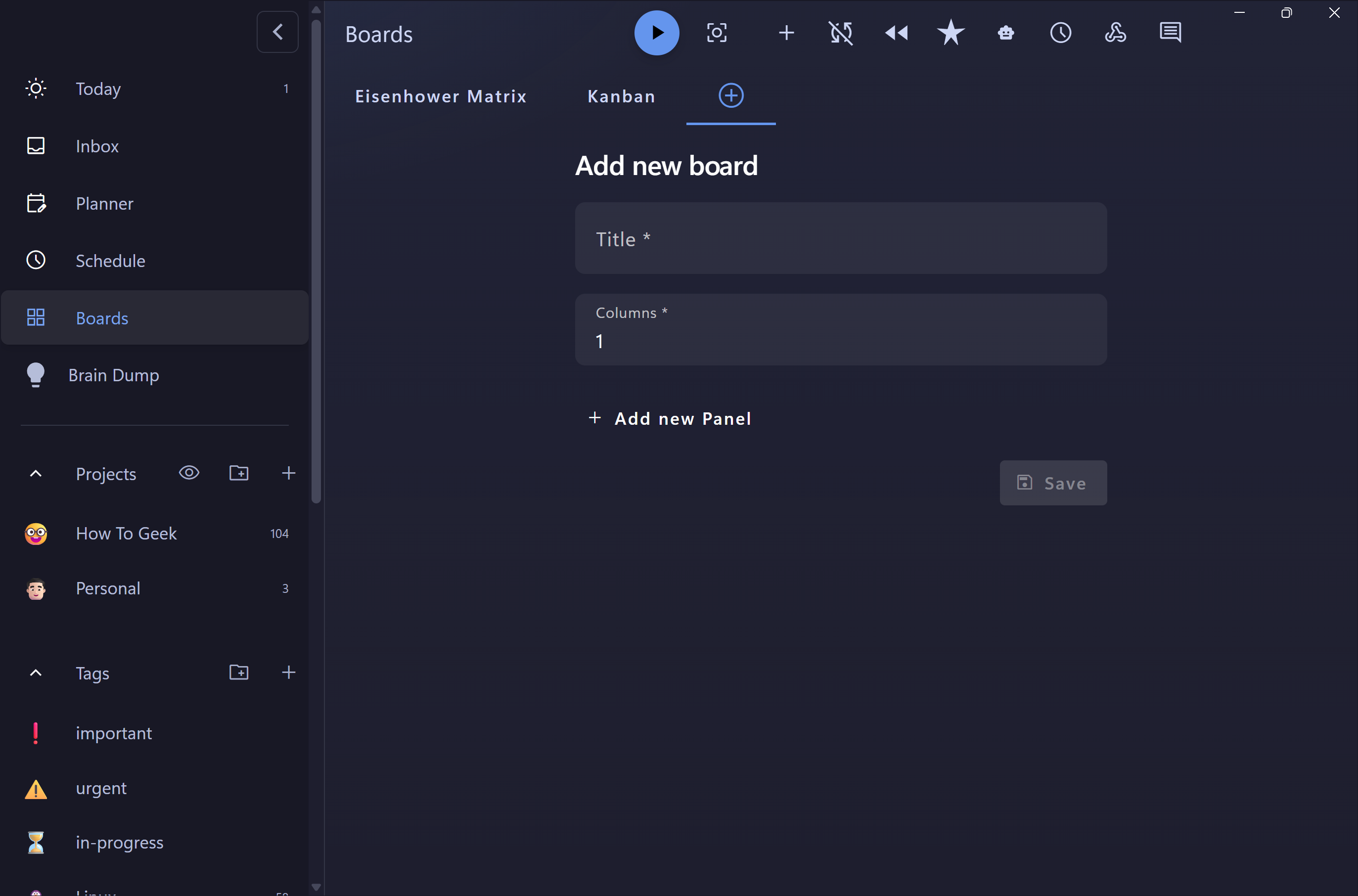 Add new board screen with Title and Columns fields for creating a custom board.-1