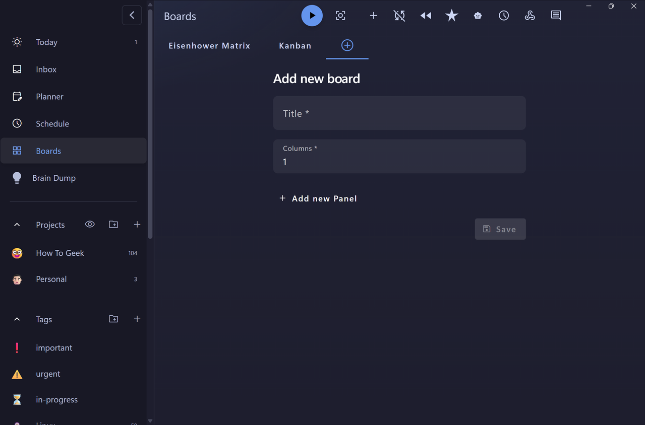 Add new board screen with Title and Columns fields for creating a custom board.-1