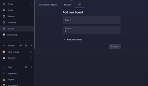 Add new board screen with Title and Columns fields for creating a custom board.-1