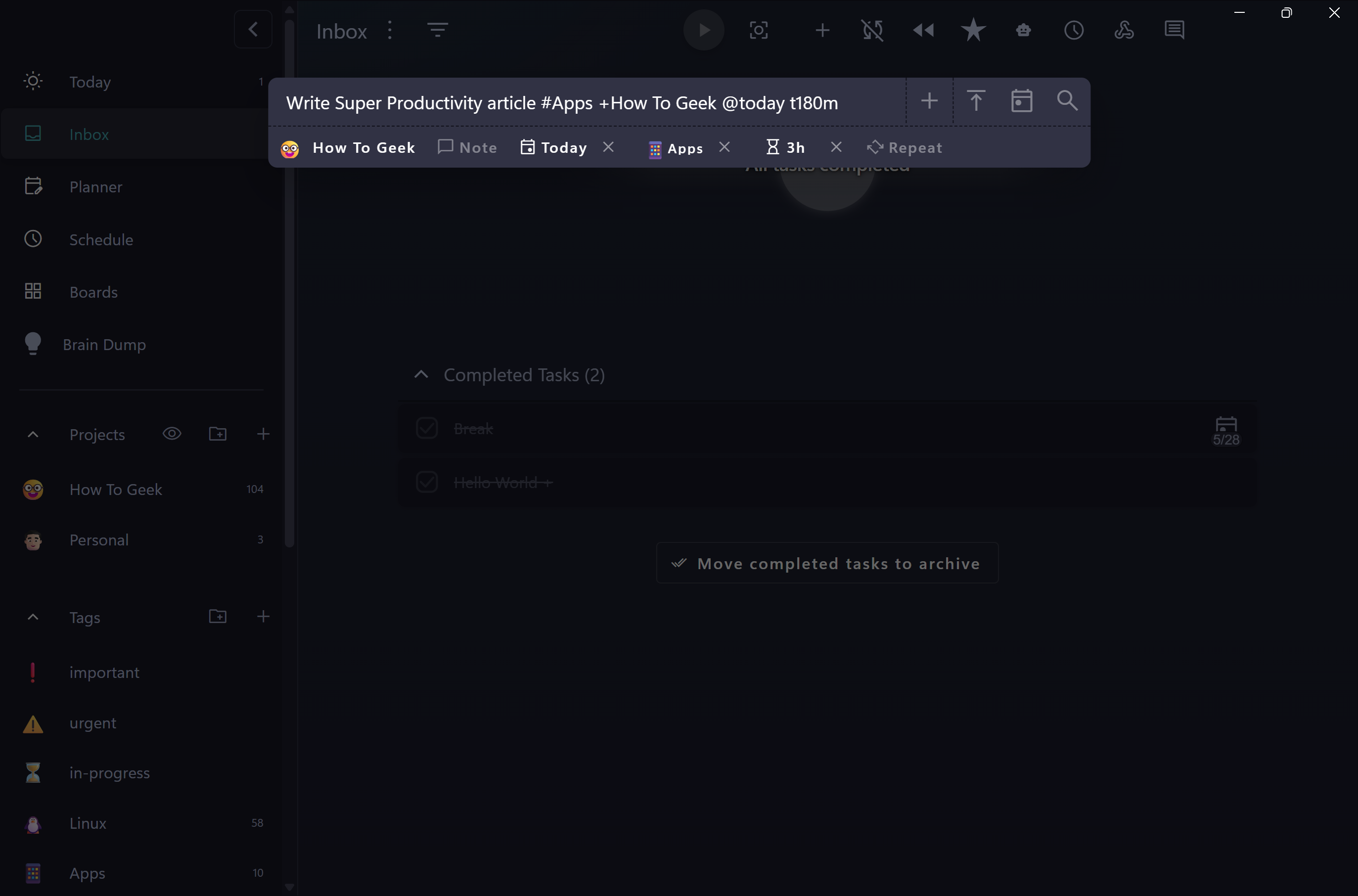 Add task bar showing a task typed with hashtag project and at-date syntax, auto-parsed into How To Geek project, Apps tag, Today schedule, and 3 hour estimate.-1
