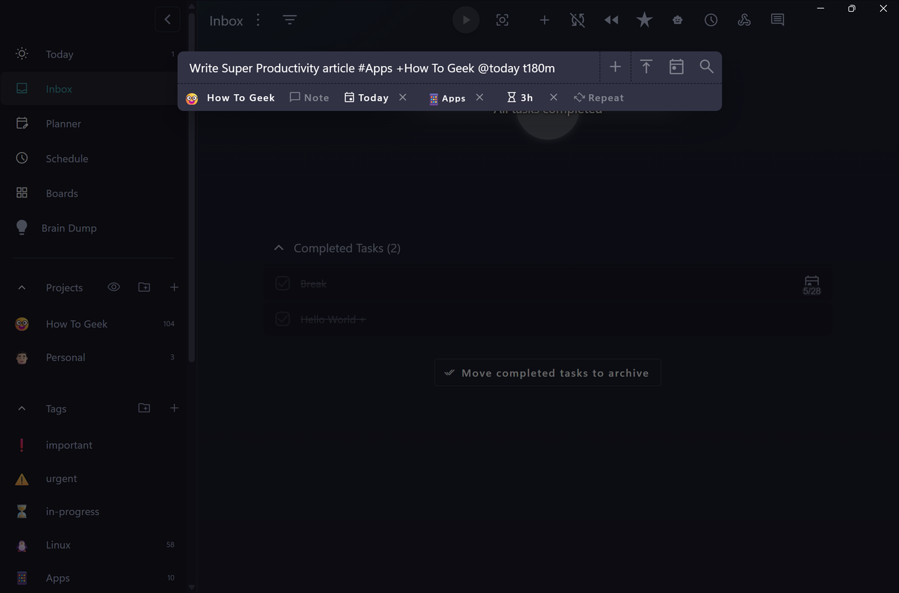 Add task bar showing a task typed with hashtag project and at-date syntax, auto-parsed into How To Geek project, Apps tag, Today schedule, and 3 hour estimate.-1