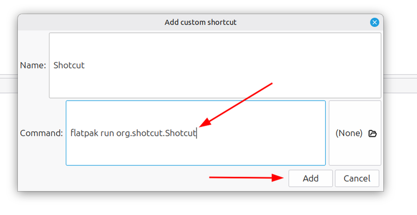 Add the command to access a program and pushing the add button to set the keybinding in Linux Mint.