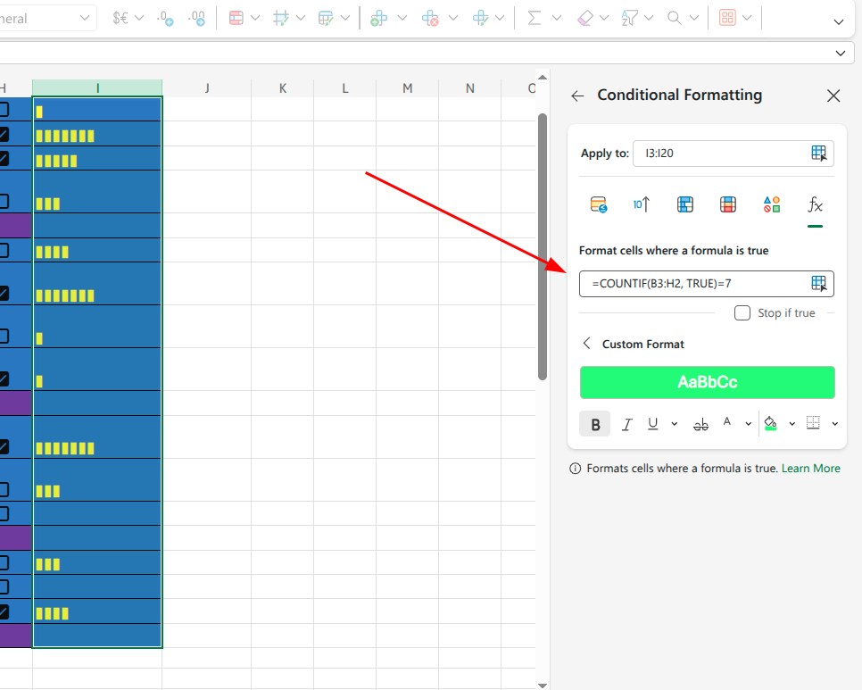 Adding conditional formatting to a habit tracker in Excel.