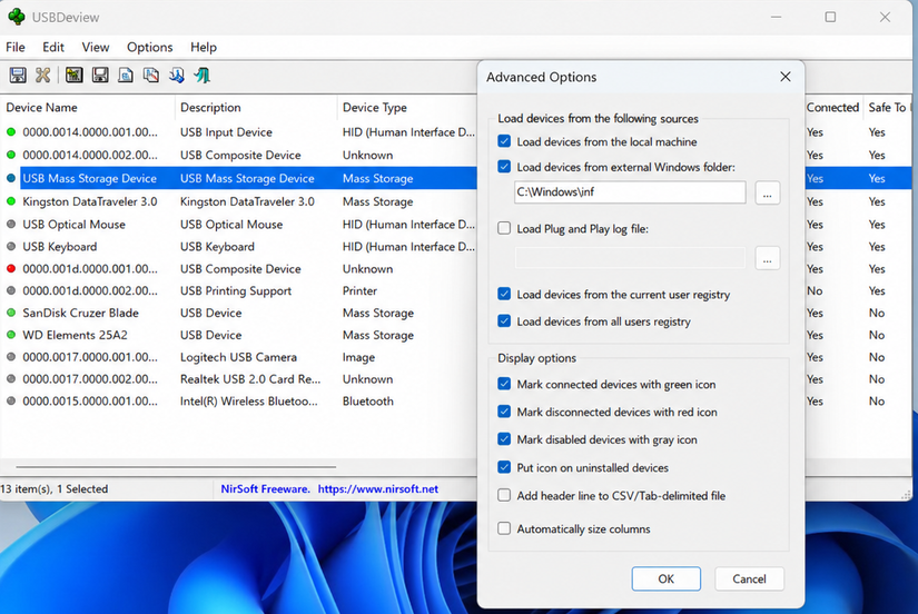 advance options in usbdeview
