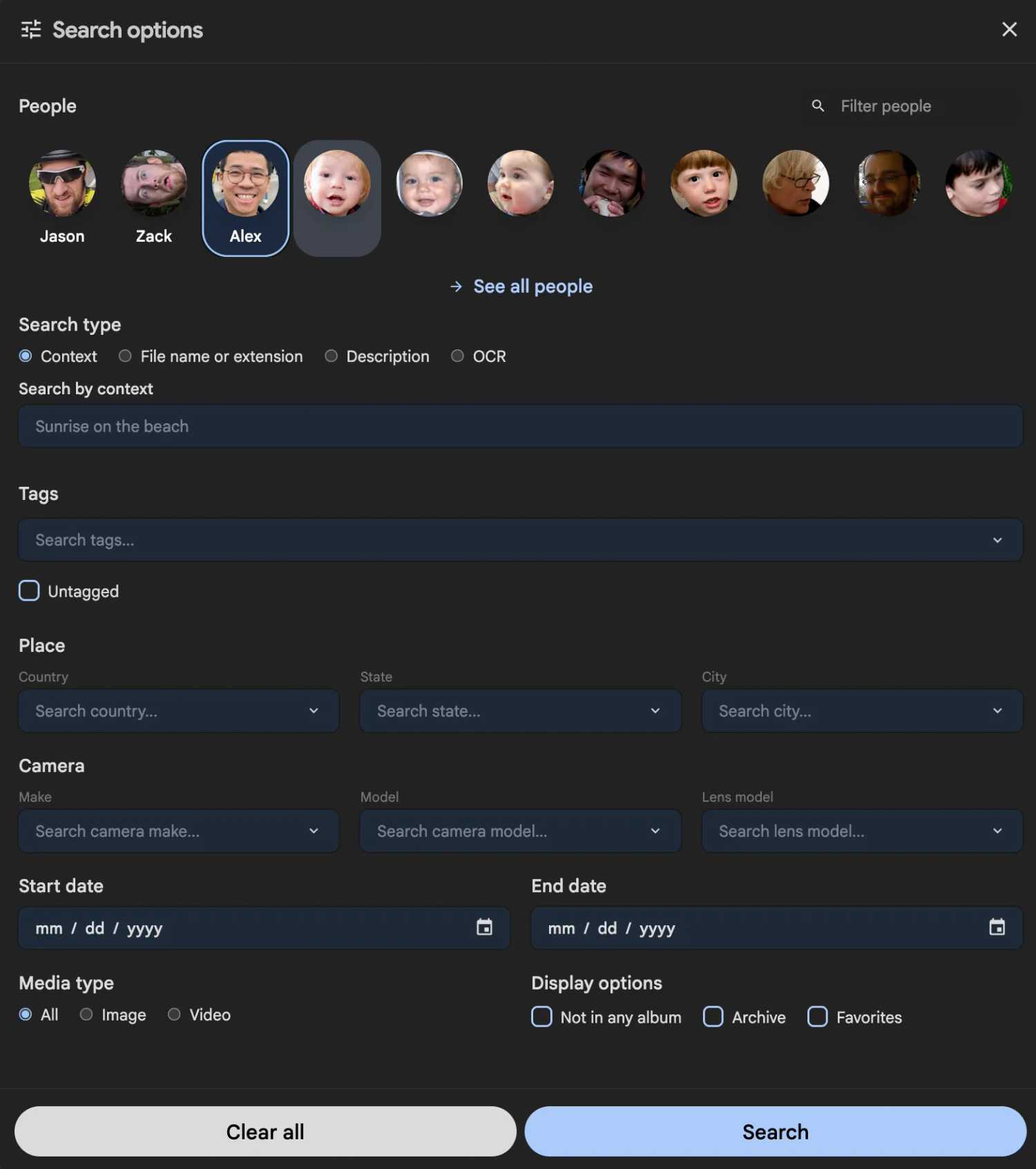 The Immich search page showing its facial recognition technology.