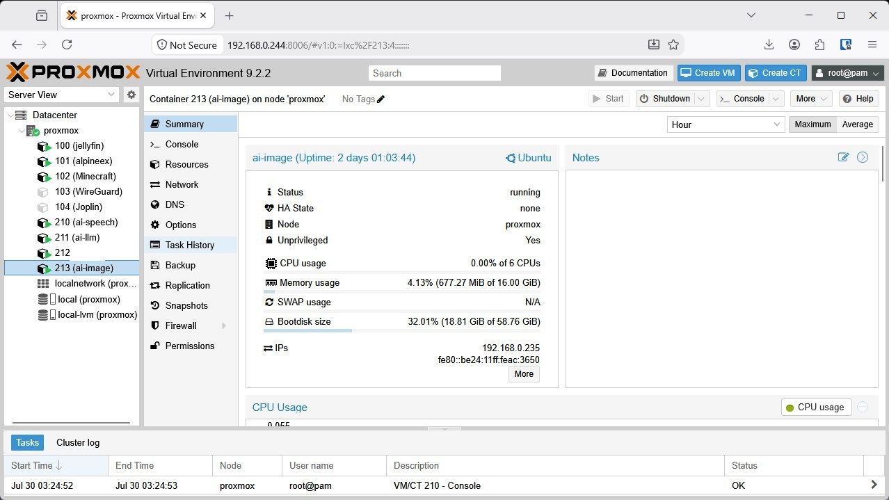 The AI image generation container in Proxmox.