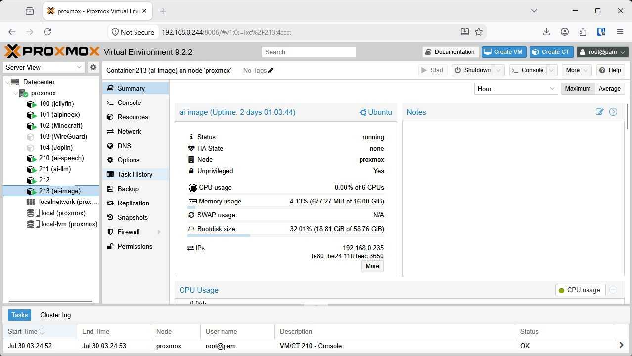 The AI image generation container in Proxmox.