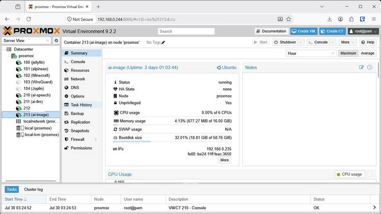 The AI image generation container in Proxmox.