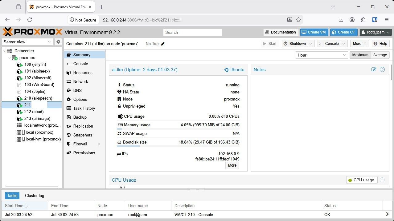 The AI LLM node in Proxmox.