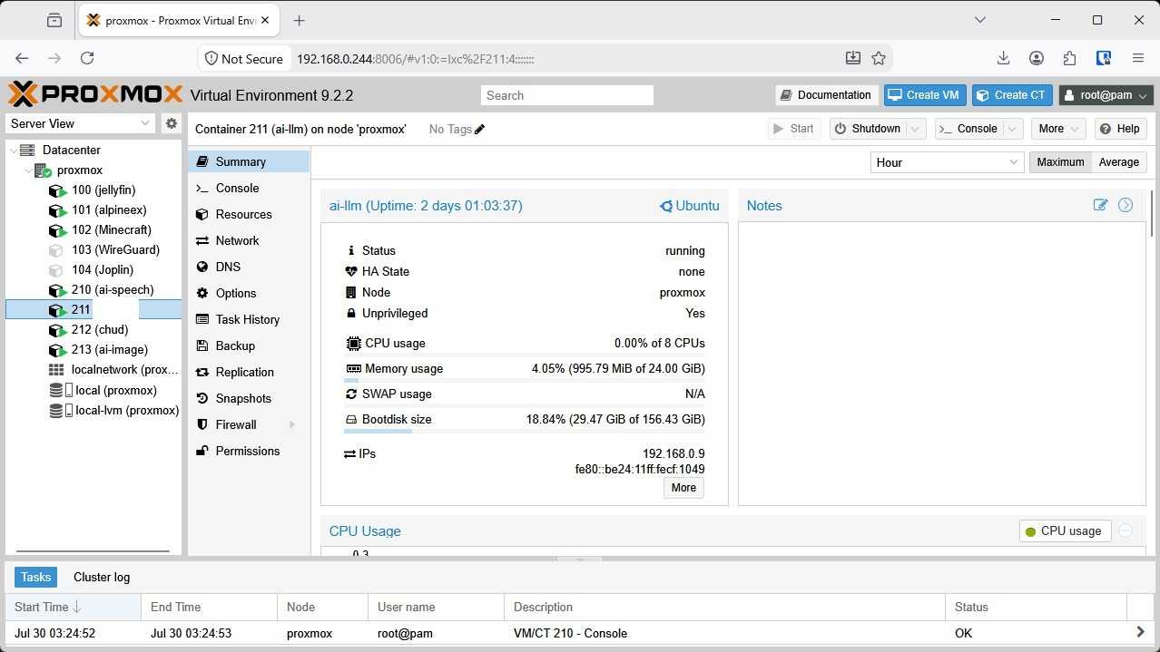 The AI LLM node in Proxmox.