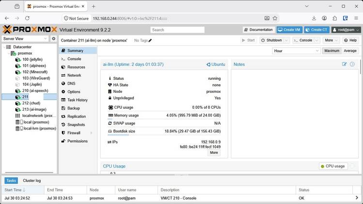 The AI LLM node in Proxmox.