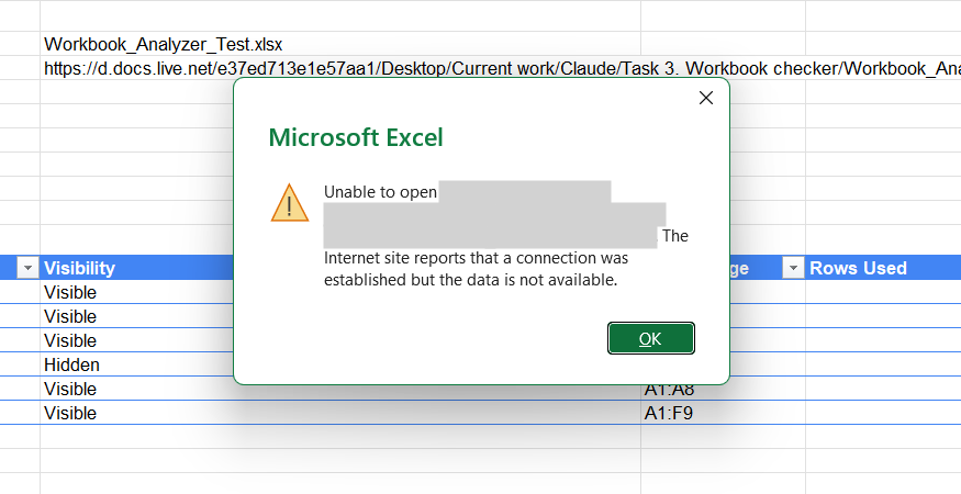 An alert in Excel that informs the user that the application is unable to open an external link.
