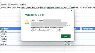 An alert in Excel that informs the user that the application is unable to open an external link.