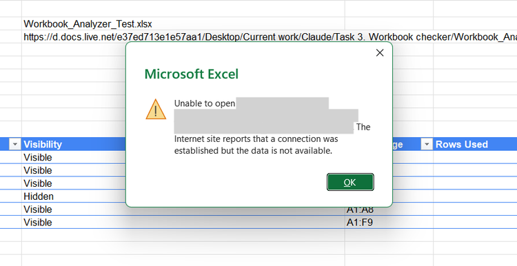 An alert in Excel that informs the user that the application is unable to open an external link.