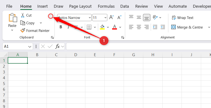 An area on the Excel ribbon is highlighted, indicating a position to right-click to expand a menu.