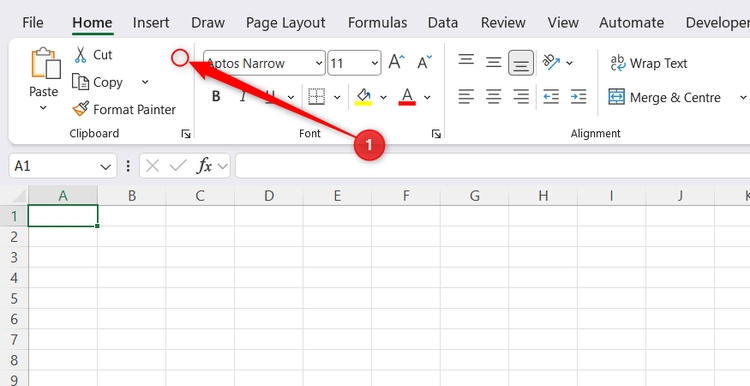 An area on the Excel ribbon is highlighted, indicating a position to right-click to expand a menu.