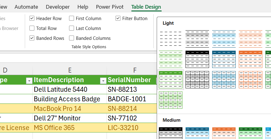 An Excel table is reformatted to Green Style Light 14.