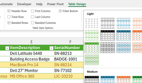 An Excel table is reformatted to Green Style Light 14.