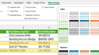 An Excel table is reformatted to Green Style Light 14.