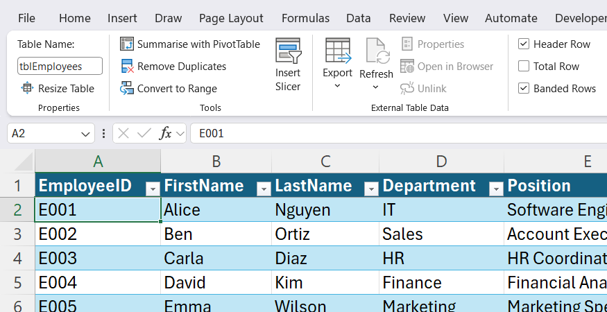 An Excel workbook containing a table named tblEmployees.