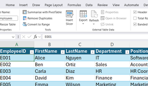 An Excel workbook containing a table named tblEmployees.