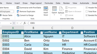 An Excel workbook containing a table named tblEmployees.