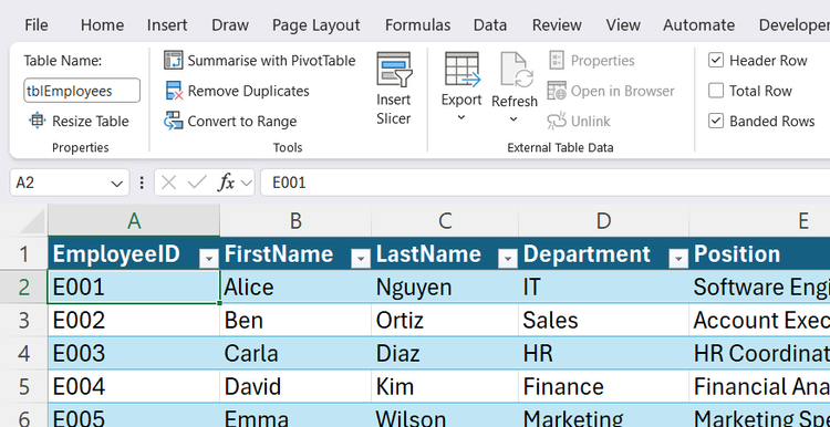 An Excel workbook containing a table named tblEmployees.