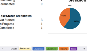 An Excel workbook with multiple tabs, including Dashboard, Equipment, and Tasks, all color coded.