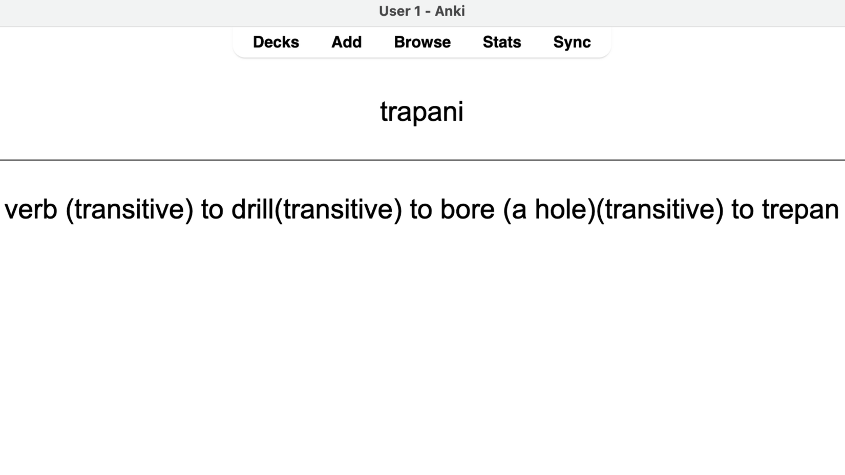 Anki flashcard showing the Italian word trapani with its English definition.