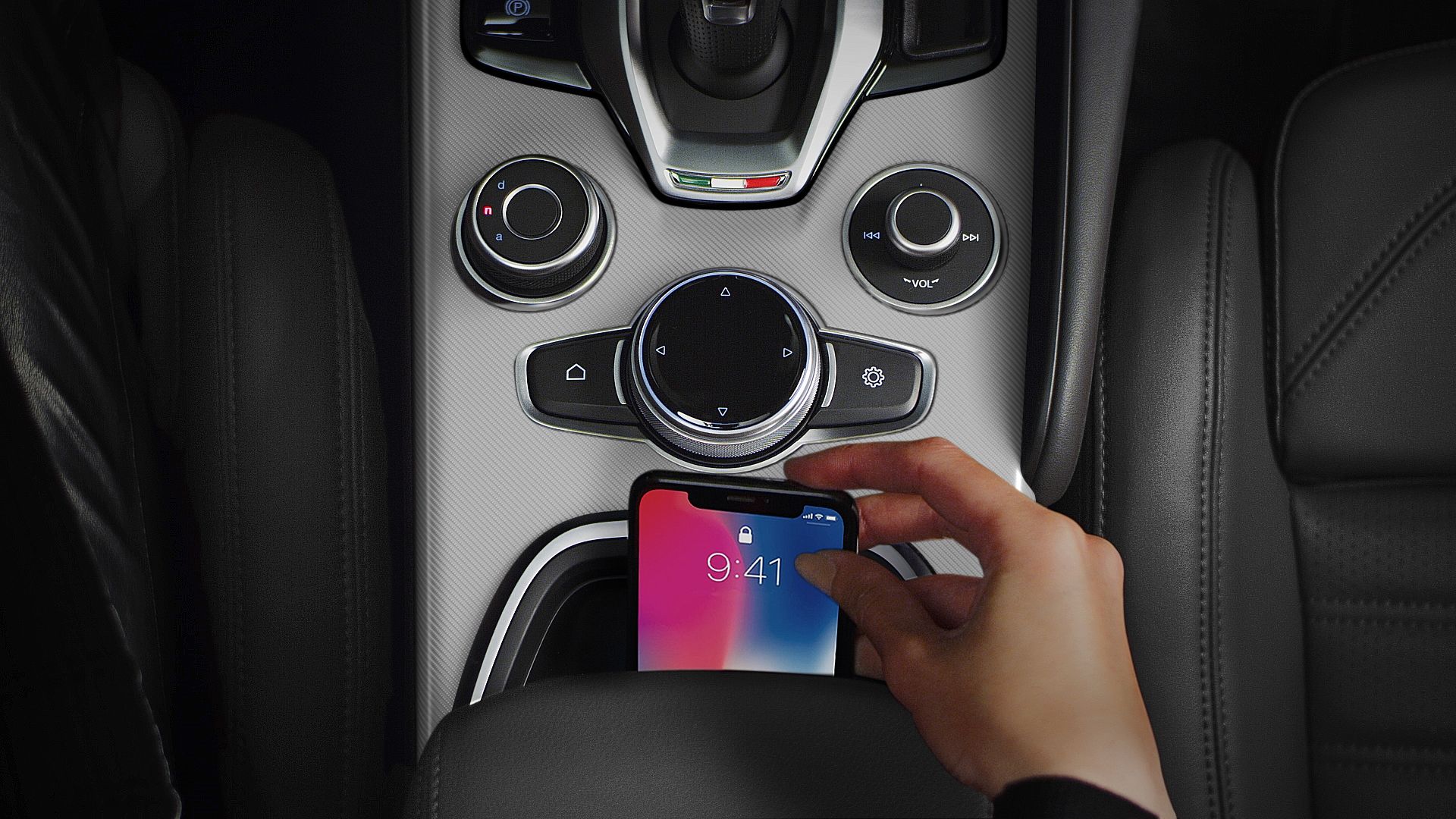 Close up of the phone storage compartment in a 2023 Alfa Romeo Stelvio