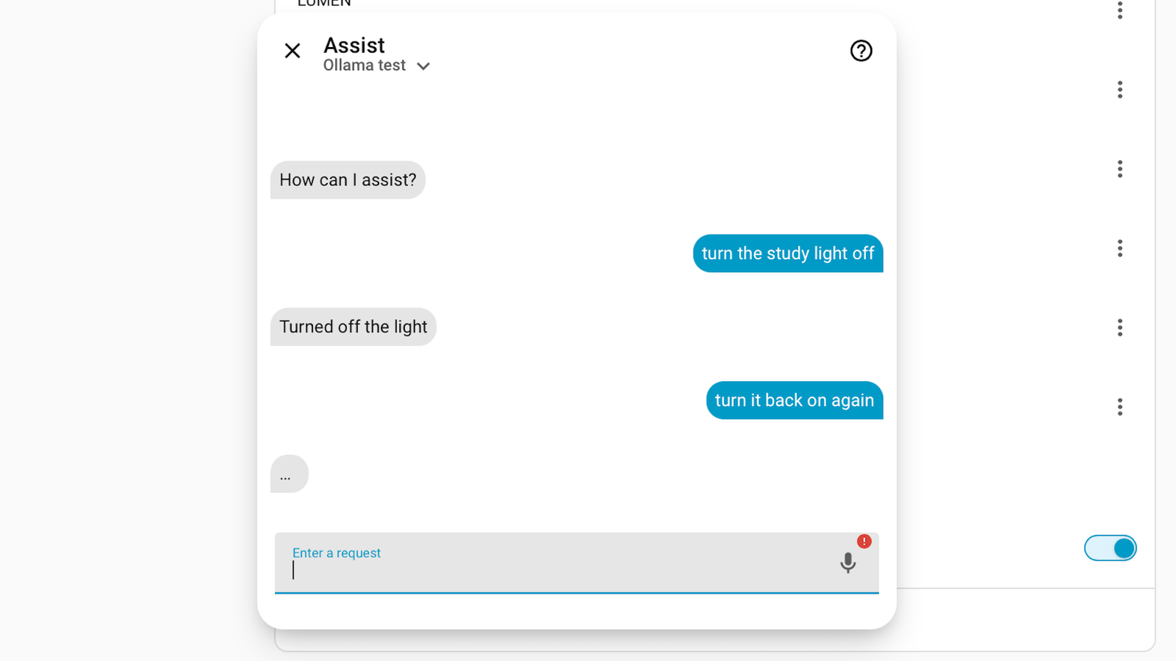 Assist in Home Assistant waiting for a response from a local LLM that has been asked to turn the light back on.