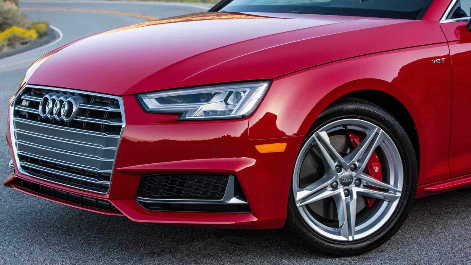 Close-up shot of the front end of a red 2017 Audi S4.