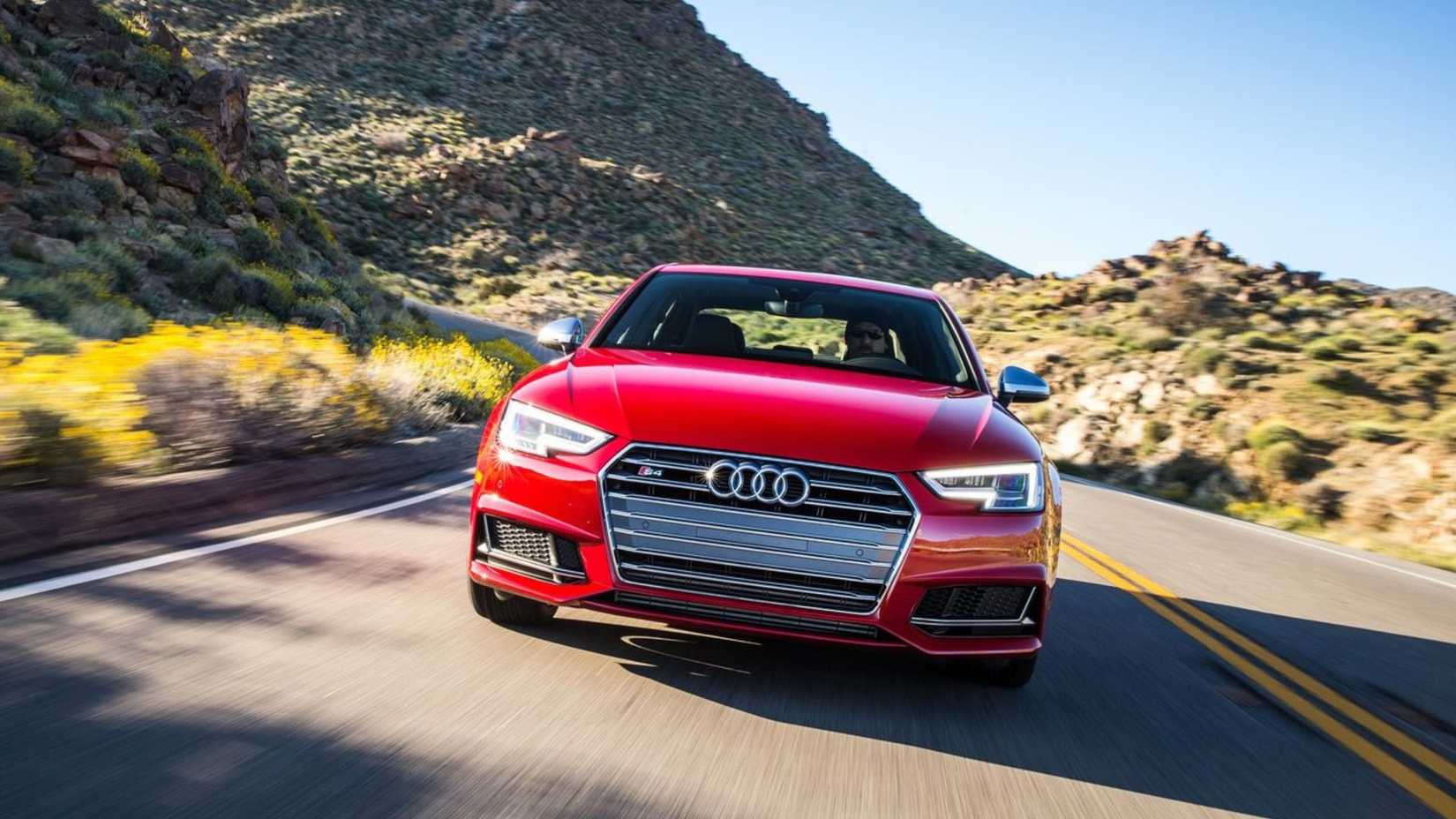 Dynamic front-end shot of a red 2017 Audi S4.