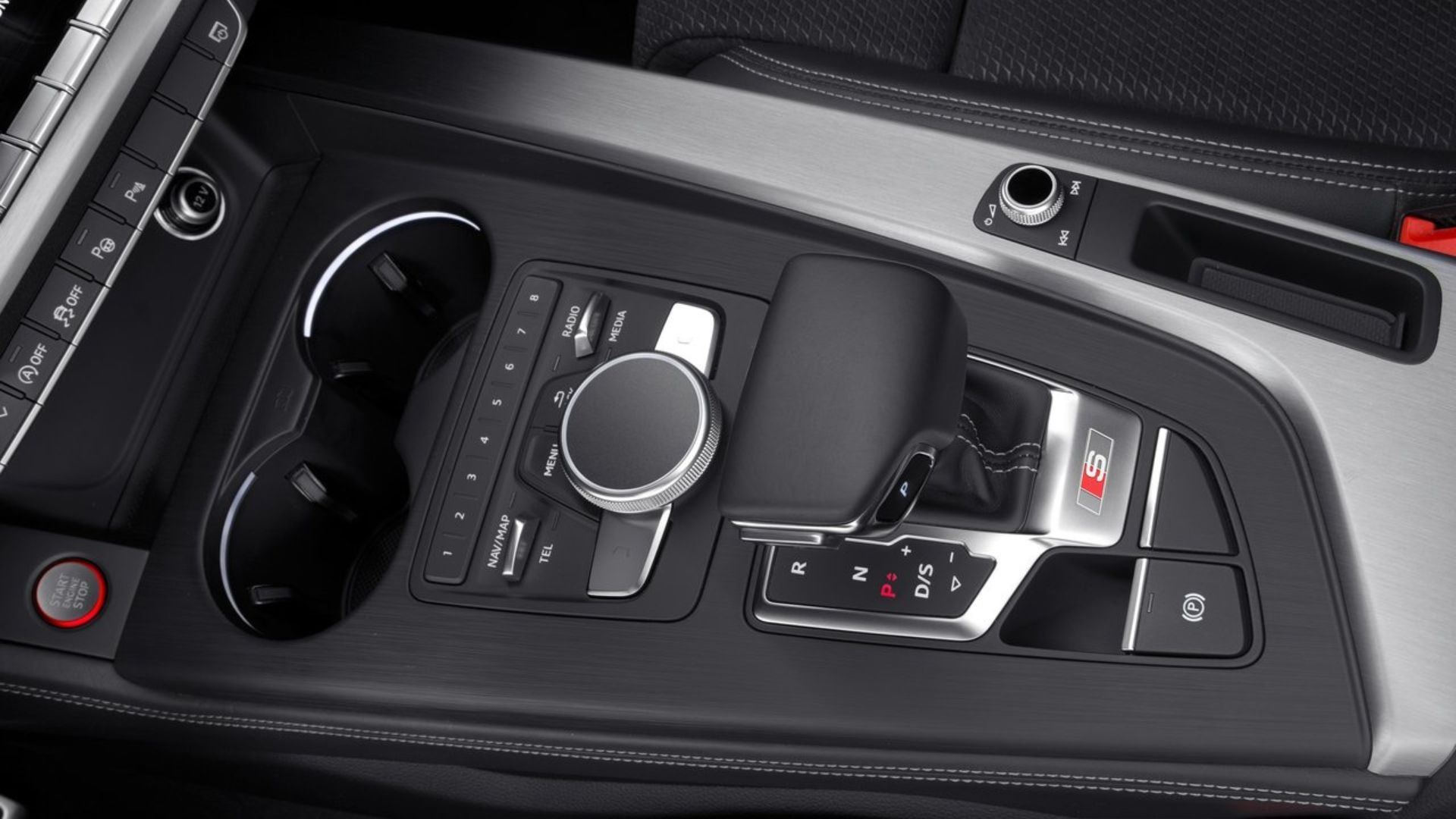 Close-up shot of the gear shifter in a 2017 Audi S4.