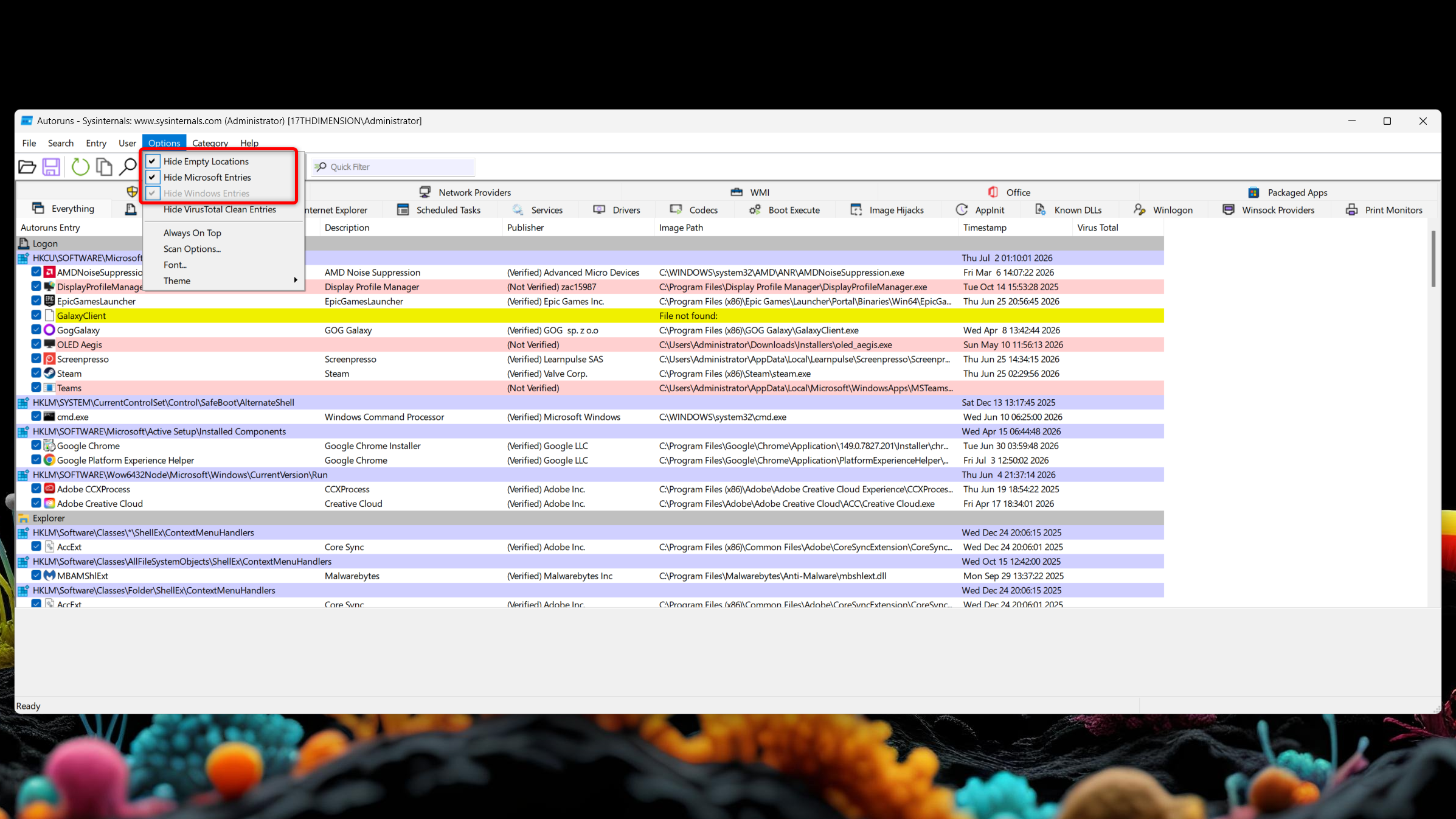 Autoruns options menu showing which entries to hide. 