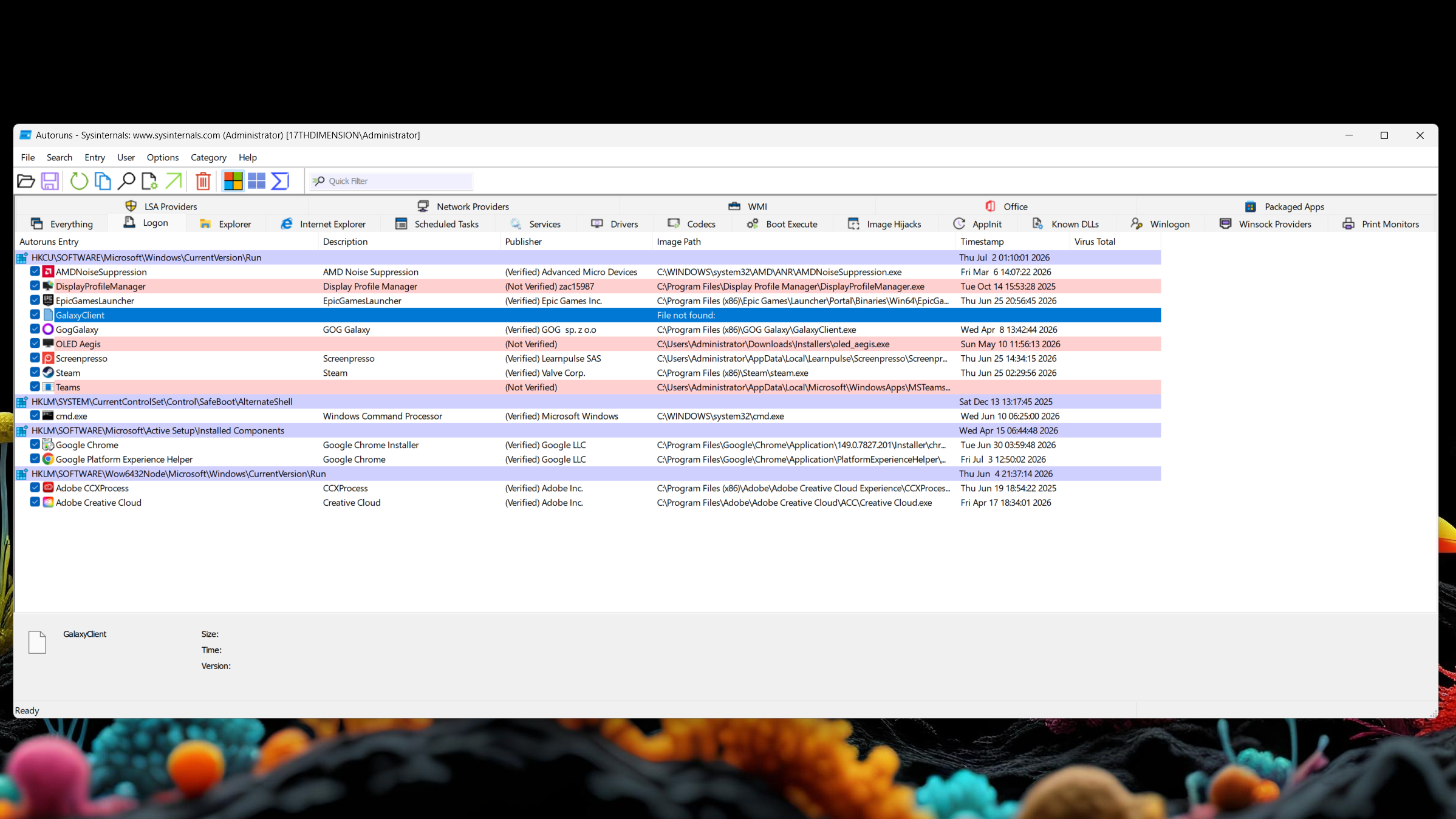 The Logon tab in the Autoruns app.
