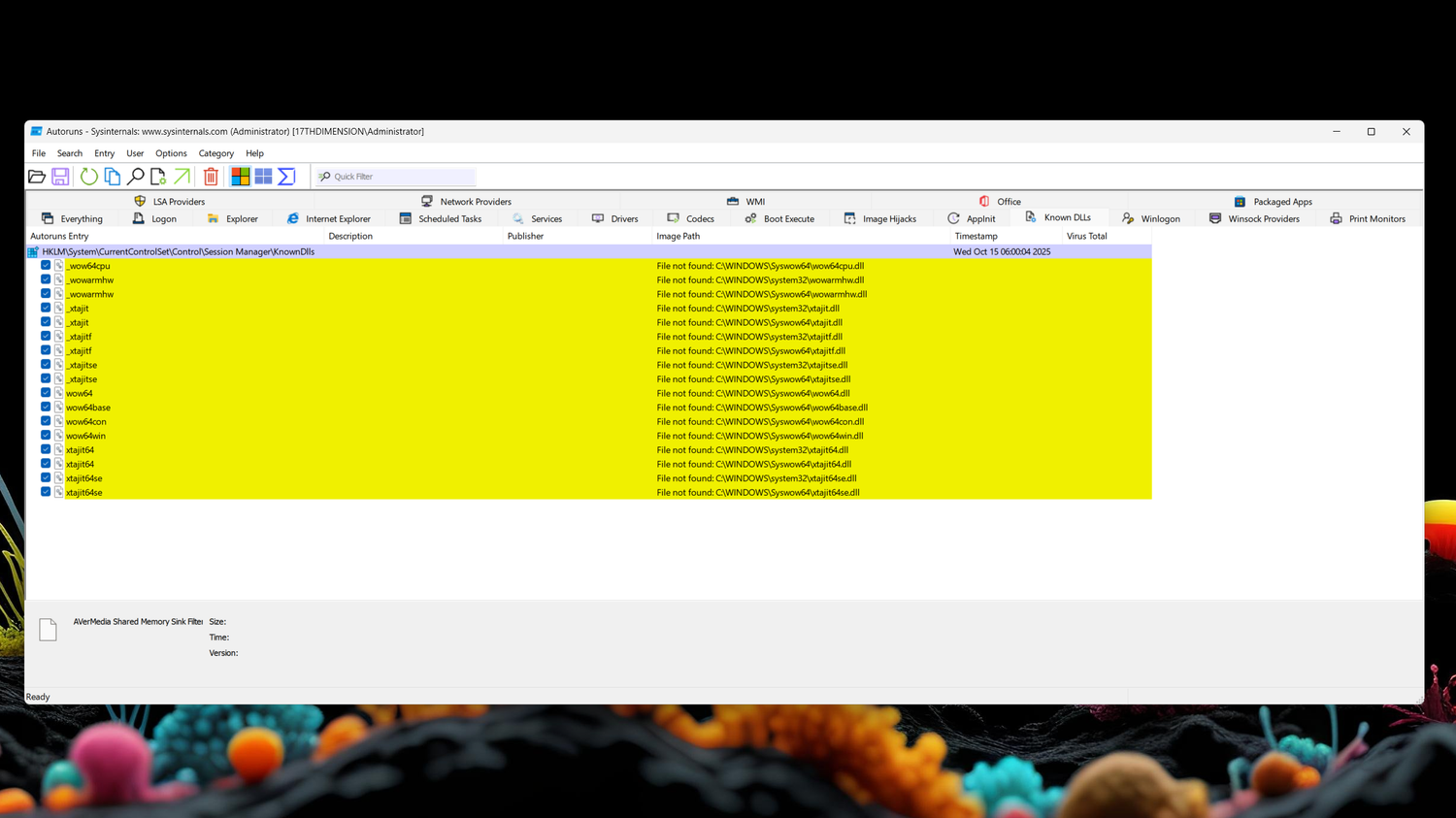 The Known DLLs tab in the Autoruns app.