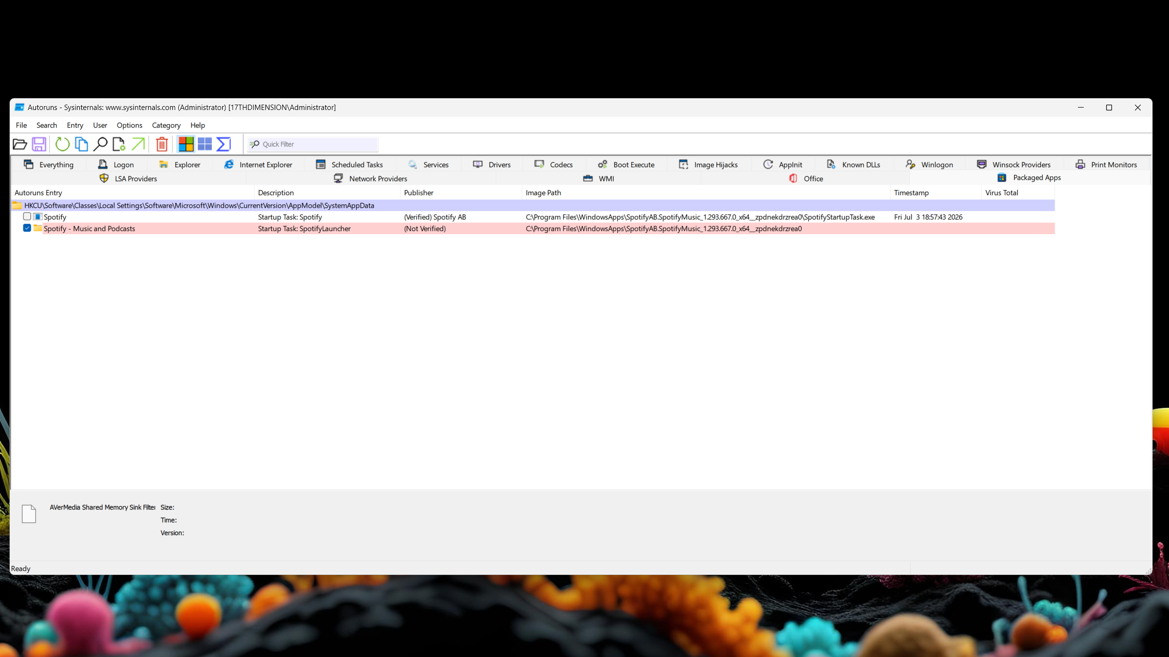 The Packaged apps tab in the Autoruns app.