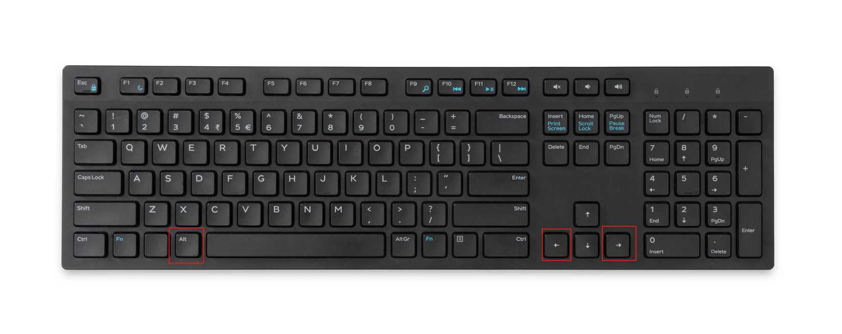 Keyboard highlighting the Alt, Left Arrow, and Right Arrow keys.