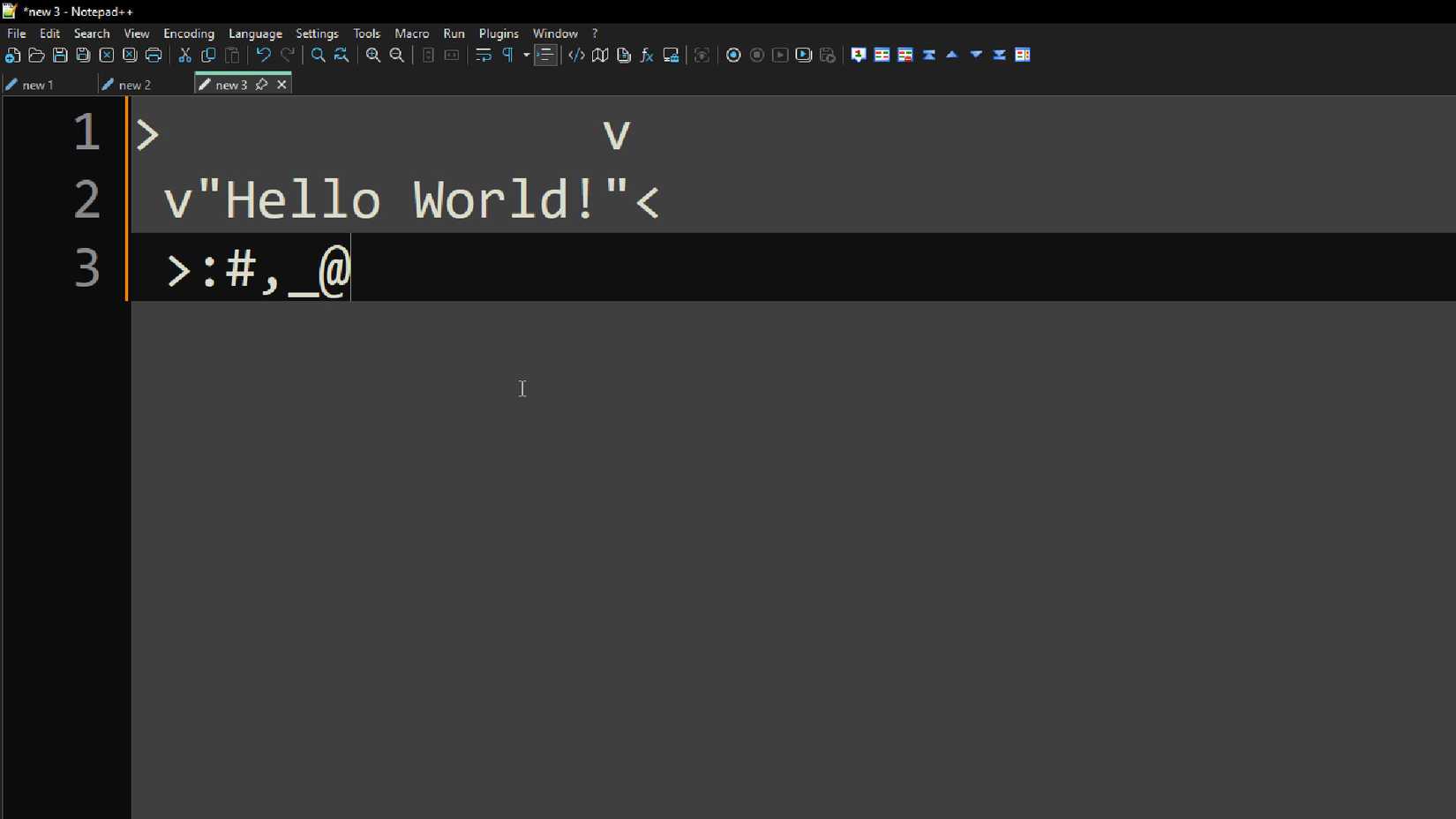 Befunge typing hello world in a program
