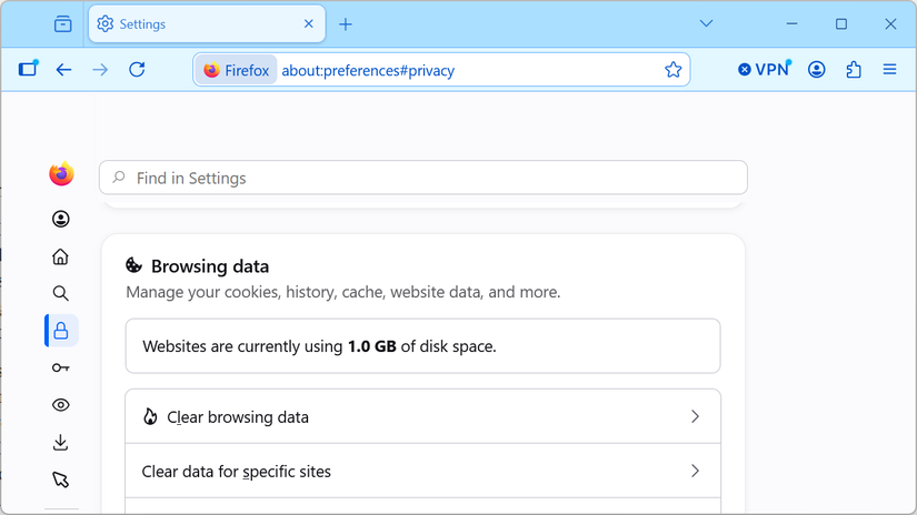 Browsing and cache data in Firefox.