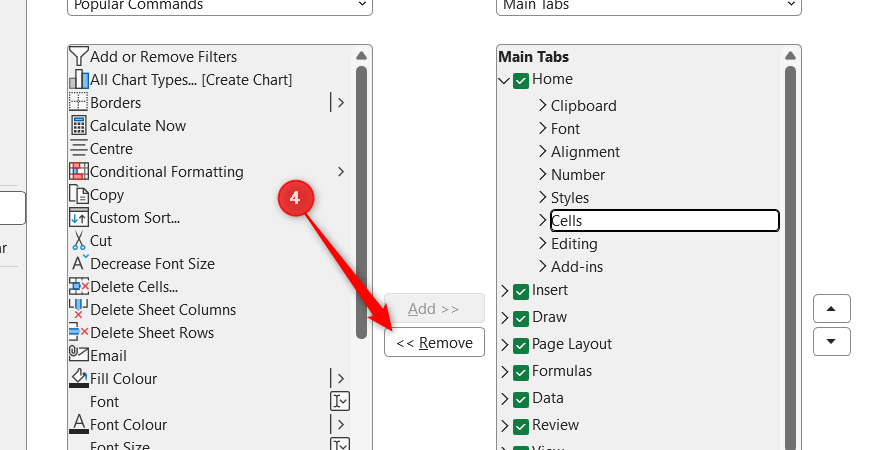 Cells is selected in the right-hand menu in the Excel Options Customize Ribbon window, and the Remove button is highlighted.