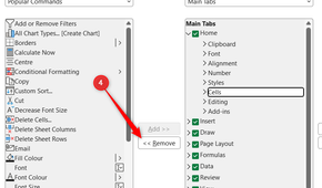 Cells is selected in the right-hand menu in the Excel Options Customize Ribbon window, and the Remove button is highlighted.