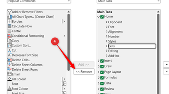 Cells is selected in the right-hand menu in the Excel Options Customize Ribbon window, and the Remove button is highlighted.